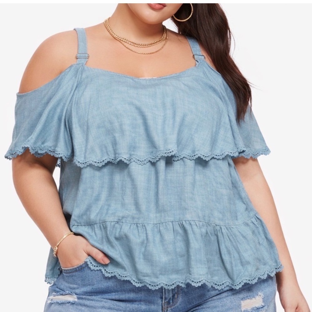White Birch Cami Top Womens 2XL Blue Linen Blend Tiered Lace Trim T23582P